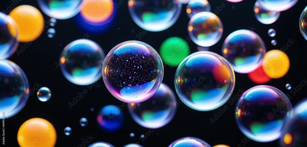 Colorful soap bubbles close-up. Macro. Washing and cleaning. Banner, poster, background. With copy space Colorful soap bubbles close-up. Macro. Washing and cleaning. Banner, poster, background. With copy space