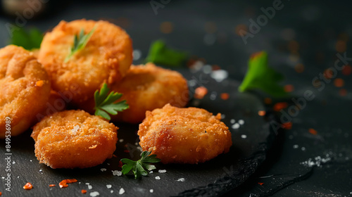 Golden, crispy chicken nuggets garnished with fresh parsley on a black slate background, ideal for fast food concepts, children's meals, and casual gatherings photo