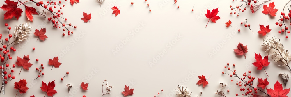 Red autumn leaves and berries on a light background, concept of fall and celebration Red autumn leaves and berries on a light background, concept of fall and celebration