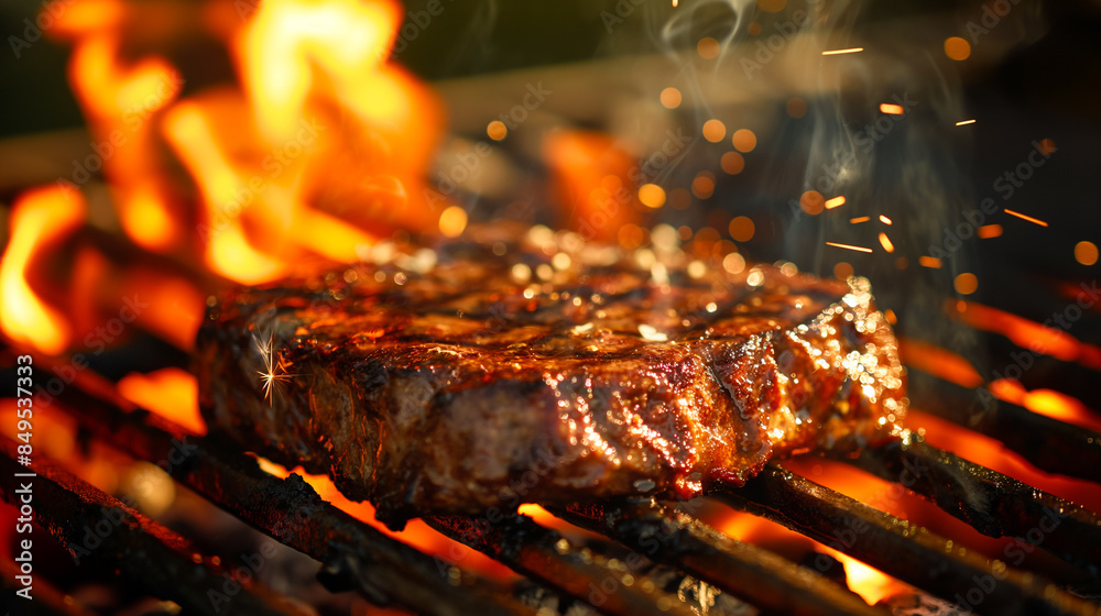 Juicy grilled steak sizzling on a barbecue with flames, perfect for summer cookouts, Fourth of July celebrations, or Father's Day gatherings