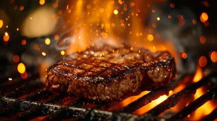 Juicy, grilled steak sizzling over an open flame, perfect for BBQ celebrations, summer cookouts, or Father's Day feasts