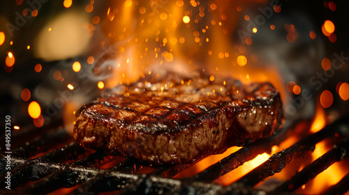 Juicy, grilled steak sizzling over an open flame, perfect for BBQ celebrations, summer cookouts, or Father's Day feasts