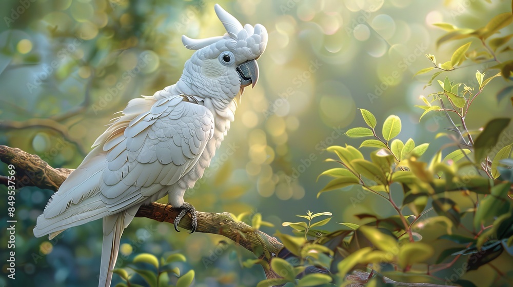 White parrot resting on a branch, surrounded by a blurred, lush green forest, photo realistic detail, every feather intricately drawn, vibrant contrast against the green foliage White parrot resting on a branch, surrounded by a blurred, lush green forest, photo realistic detail, every feather intricately drawn, vibrant contrast against the green foliage