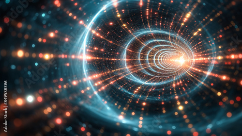 Futuristic representation of a glowing wormhole tunnel with vibrant light trails, symbolizing advanced technology, science fiction concepts, and abstract space exploration themes