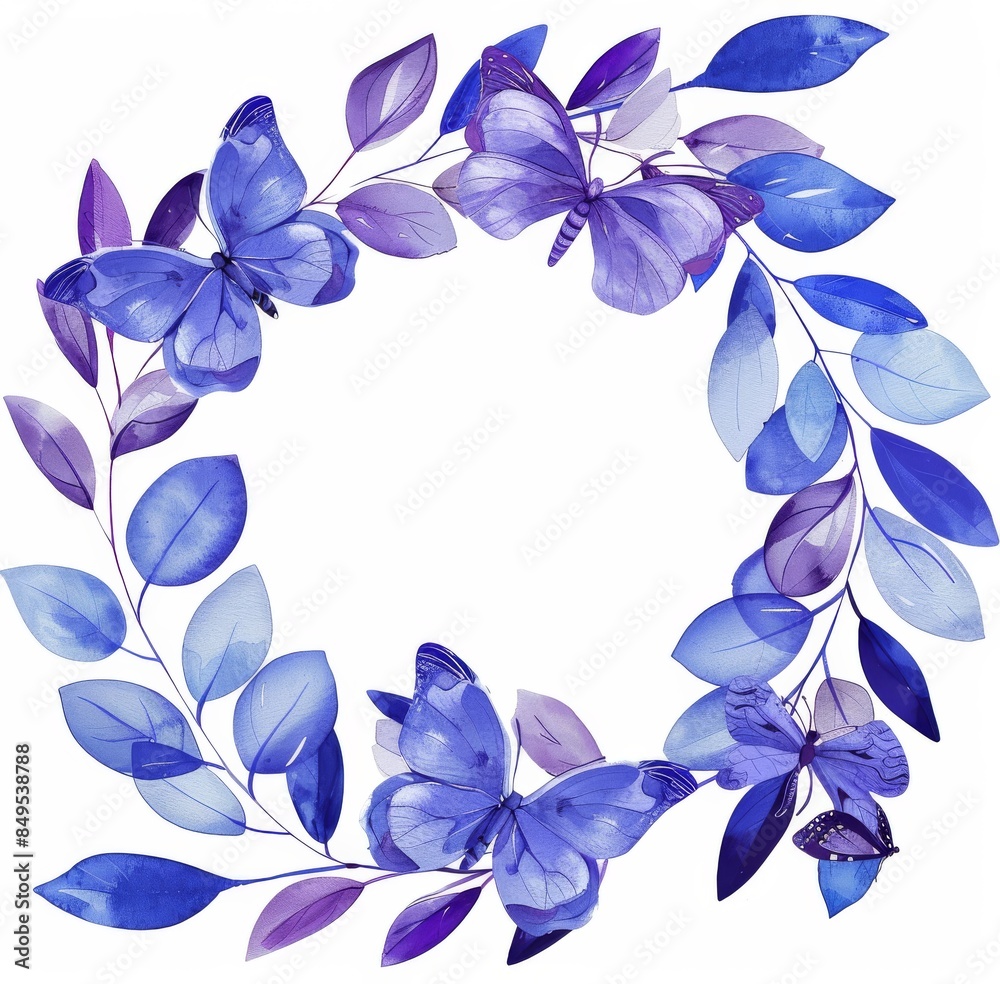 Obraz premium Watercolor wreath of butterflies and leaves in indigo blue 