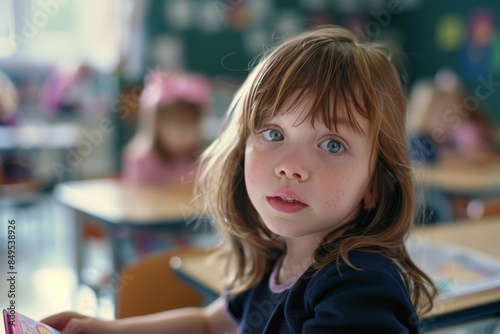 Focused girl in a colorful classroom, surrounded by books and notebooks, happily learning and growing