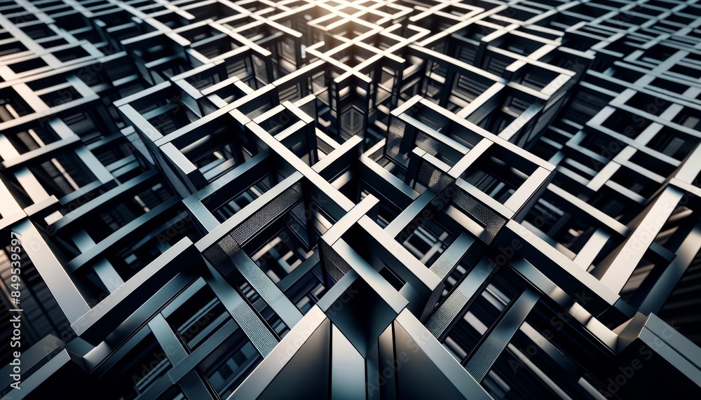 Obraz premium Intricate metal grid structure in close-up, sharp geometric lines forming an elegant pattern, industrial and architectural essence, sleek metallic finish