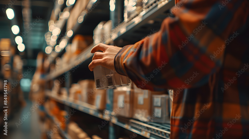 A person is reaching for a box on a shelf in a warehouse A person is reaching for a box on a shelf in a warehouse
