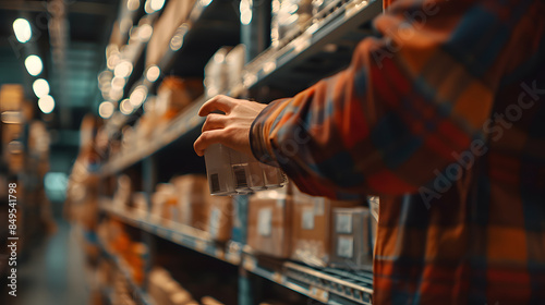 A person is reaching for a box on a shelf in a warehouse