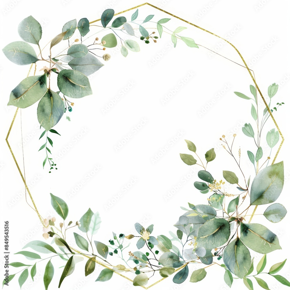 Fototapeta premium Watercolor, simple golden polygon frame with brown wild leaves and flowers 