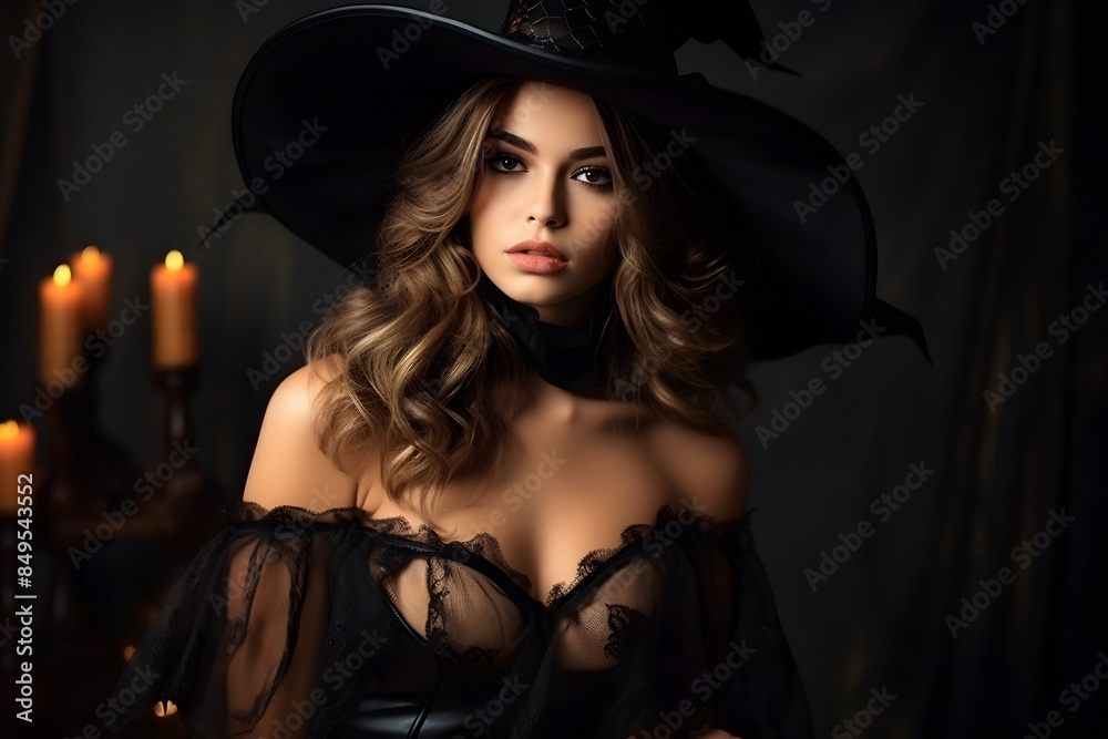 A stunning woman is elegantly dressed as a witch, wearing dark lingerie, a black hat, with candles in the background A stunning woman is elegantly dressed as a witch, wearing dark lingerie, a black hat, with candles in the background