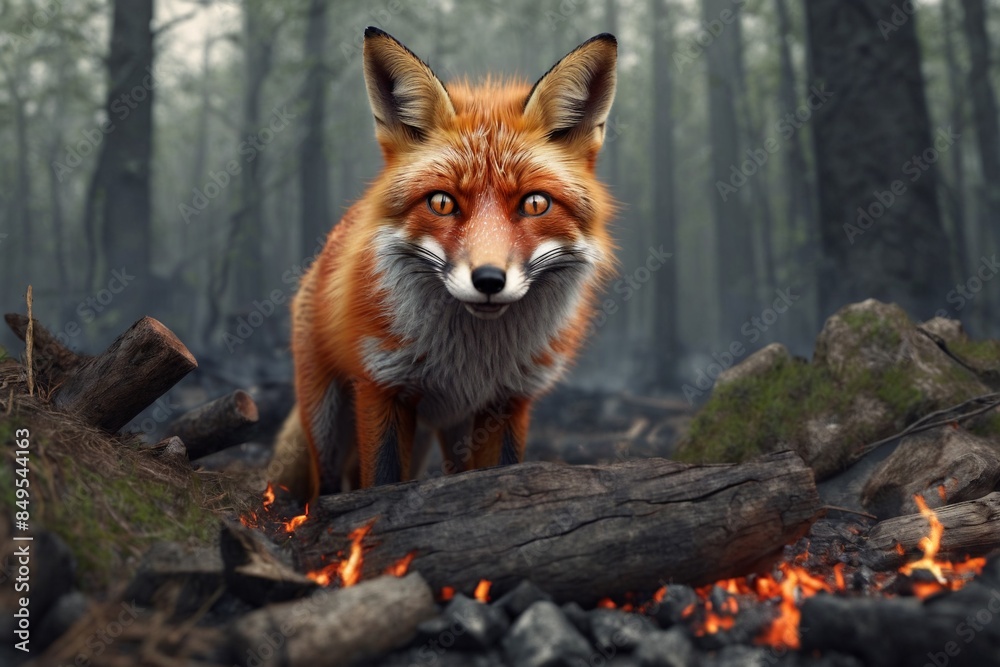 A red fox is trapped in a fire of a burning forest. The red fox is looking for a way out. Natural disaster, wildlife and wildfire concept. A red fox is trapped in a fire of a burning forest. The red fox is looking for a way out. Natural disaster, wildlife and wildfire concept.