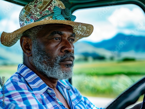A black man doing a safari in a desert and warm environment climate during summer