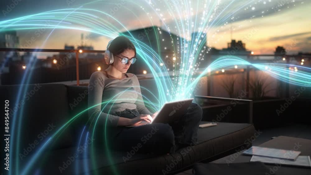 Woman working on laptop at rooftop in the evening with light streams around her. Visualization of the Internet by information lines flying to the global digital network