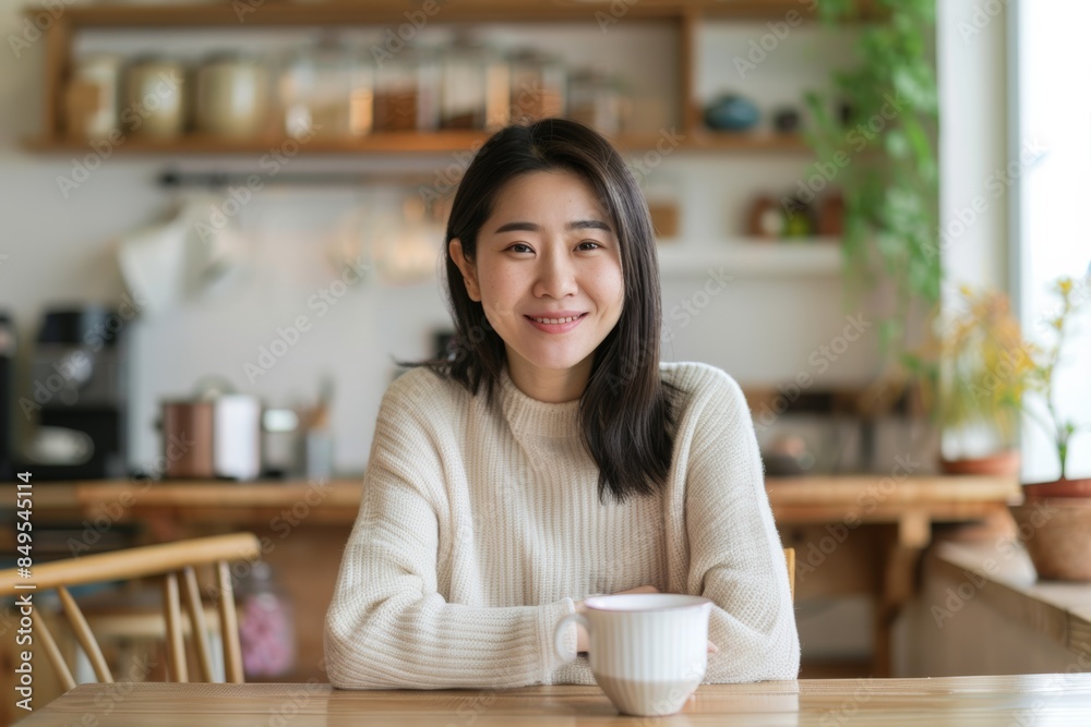 Smiling Asian Woman Enjoying Coffee in Cozy Cafe Setting Smiling Asian Woman Enjoying Coffee in Cozy Cafe Setting