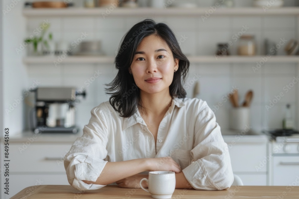 Serene Asian Woman Enjoying Coffee in Bright Kitchen Setting Serene Asian Woman Enjoying Coffee in Bright Kitchen Setting