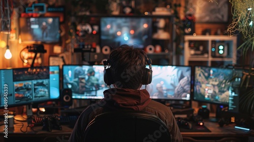 A gamer streams live from their high tech setup, immersed in the action of a video game
