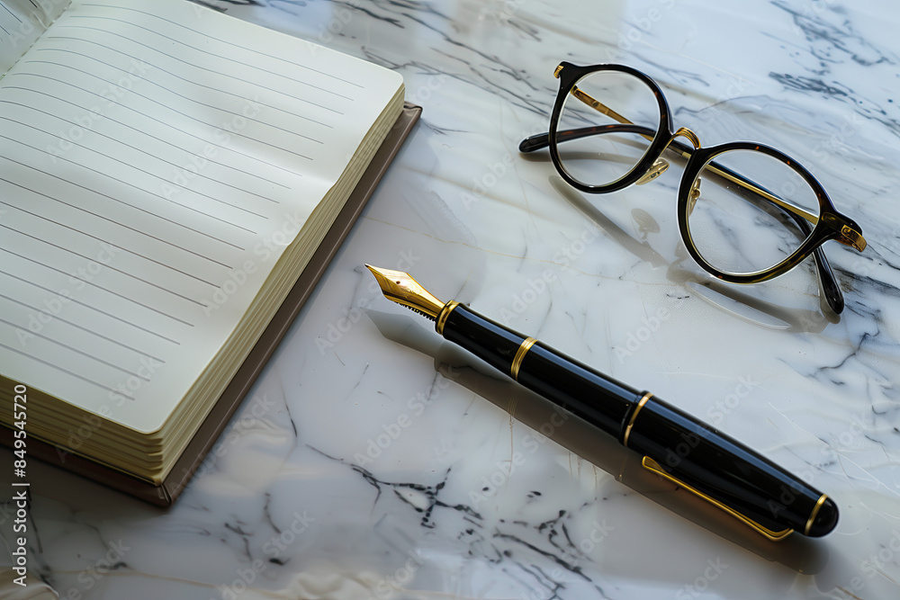Fototapeta premium Background with notepad, fountain pen and glasses