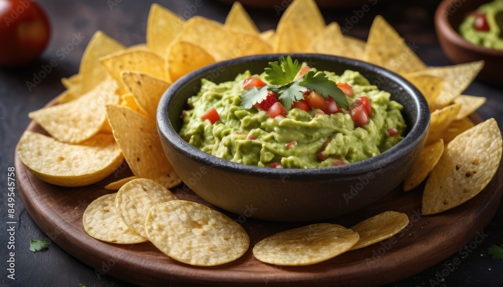 A bowl of homemade guacamole with fresh toppings, paired with crispy tortilla chips and lime, creating a perfect blend of flavors and textures for a delightful treat A bowl of homemade guacamole with fresh toppings, paired with crispy tortilla chips and lime, creating a perfect blend of flavors and textures for a delightful treat