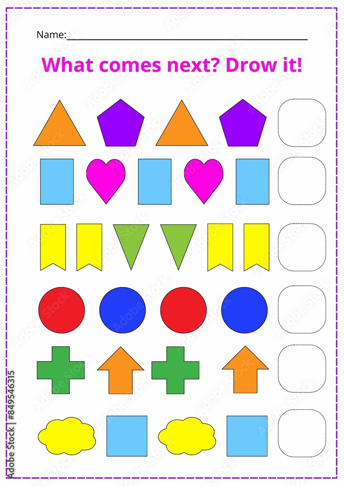 A printed sheet of a workbook with geometric shapes. Logical work.What comes next? Draw it! Vector illustration. A printed sheet of a workbook with geometric shapes. Logical work.What comes next? Draw it! Vector illustration.