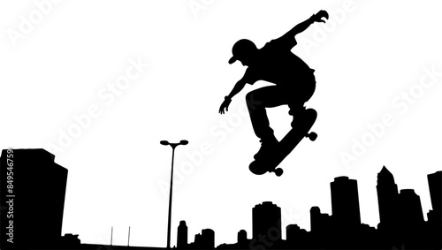 Silhouette of Skateboarder in Mid-Air with City Building Background