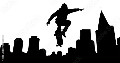 Silhouette of Skateboarder in Mid-Air with City Building Background
