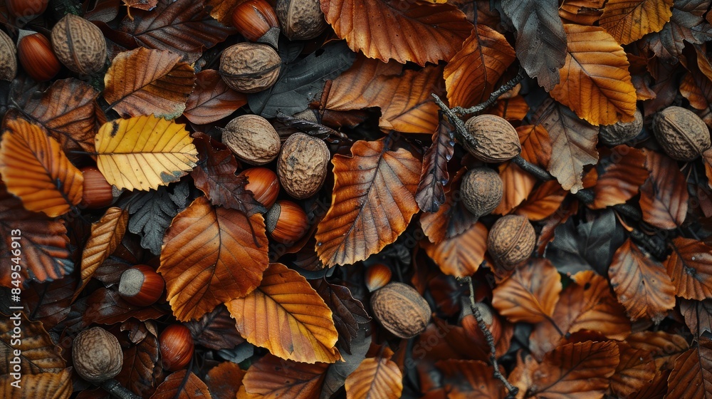 Fototapeta premium Beech nuts and oak leaves on the forest floor a natural backdrop with space for text