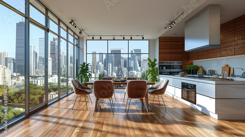 Bright Urban Living: Modern Kitchen Interior with Wooden Flooring and City View   3D Rendering © Skip Monday
