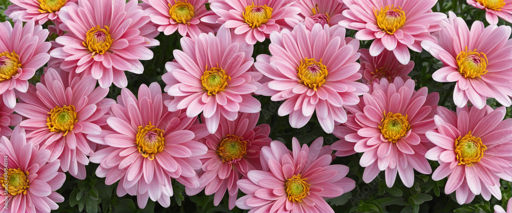 Pink chrysanthemum bouquet with a transparent background in PNG file, cut out and isolated, showcasing the floral beauty of nature with its bright and colorful blooms in a row