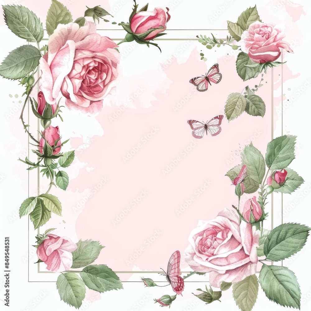 White blank square frame with pink roses and green leaves on the sides White blank square frame with pink roses and green leaves on the sides