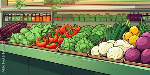 vegetables in gorcery store comics cartoon draw paint ink style. Eco healthy meal food scene view photo