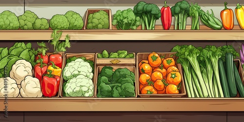 vegetables in gorcery store comics cartoon draw paint ink style. Eco healthy meal food scene view photo