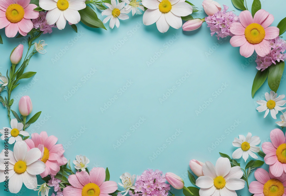 Pastel floral bouquet frame with copy space on blue background for wedding invitation Pastel floral bouquet frame with copy space on blue background for wedding invitation