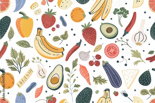 Hand-Drawn Pattern of Fruits, Vegetables, and Cheese. Seamless Food Illustration with Avocados, Peppers, and Bananas