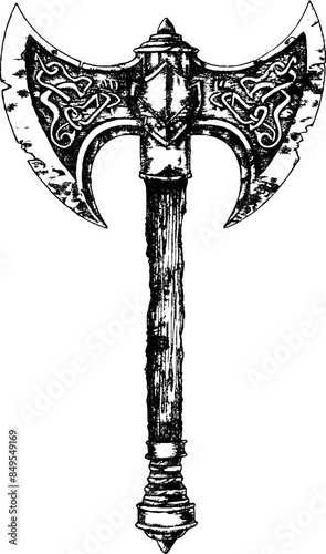 Viking fantasy two-handed engraved axe on an isolated white background. Black and White Sketch illustration. 