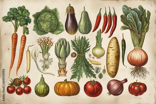 Vintage Botanical Illustration of Vegetables. Hand-Drawn Collection of Vegetables with Detailed Labels
