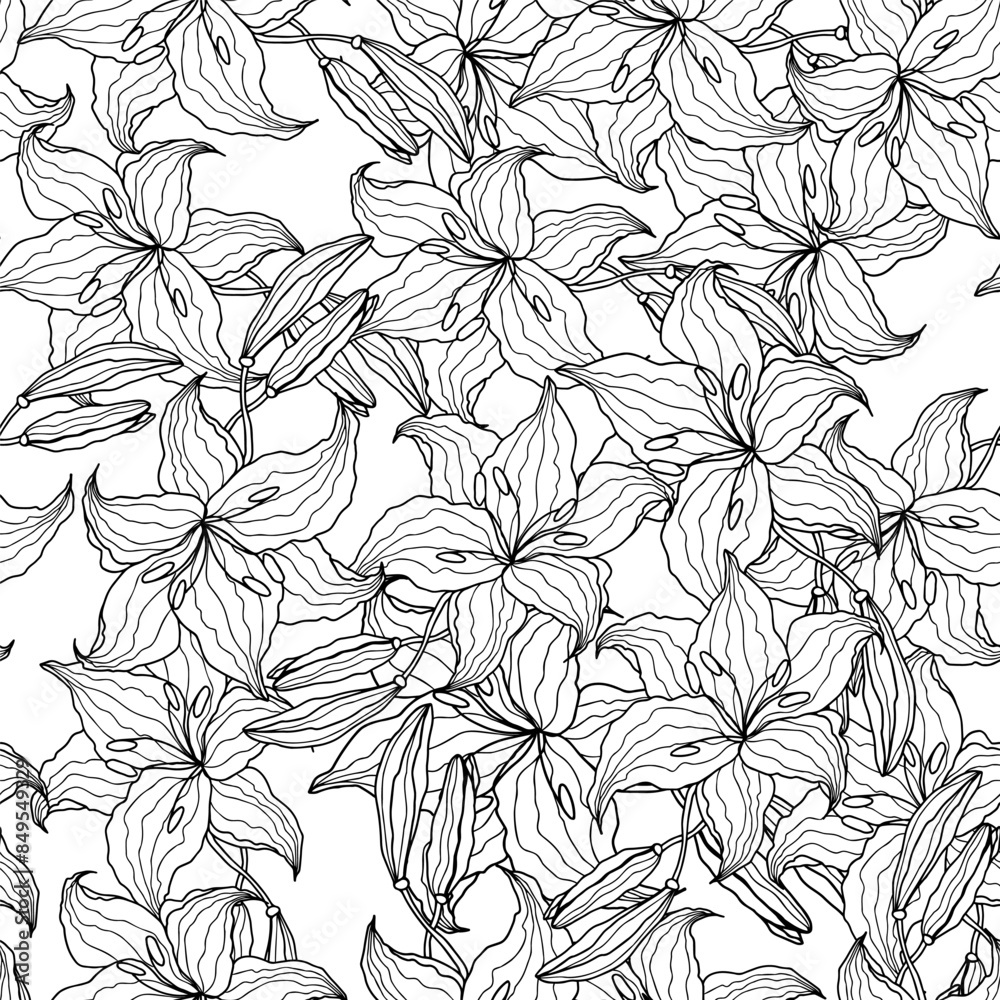 Lilly line art flower seamless pattern for design of fabric, scrapbook, wallpaper. Delicate hand drawn vector background Lilly line art flower seamless pattern for design of fabric, scrapbook, wallpaper. Delicate hand drawn vector background