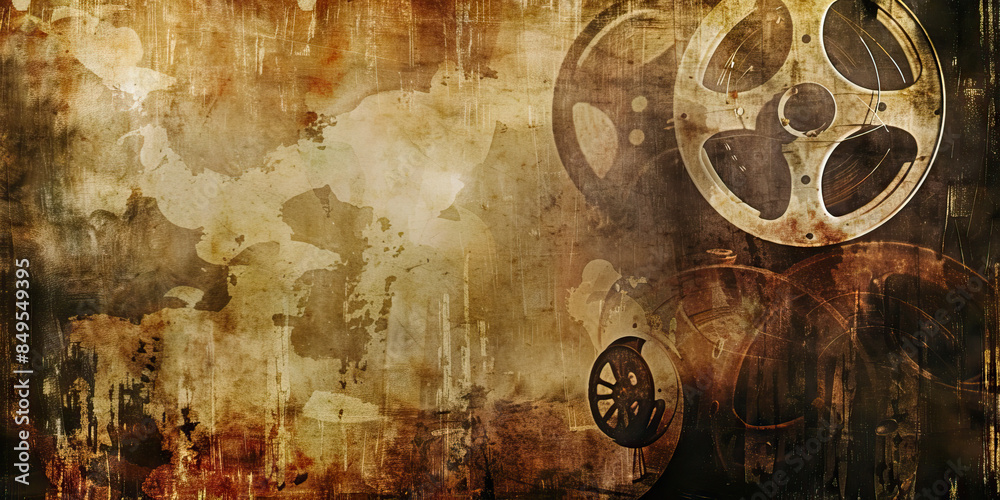 Naklejka premium Vintage Film: Sepia tones, muted browns, and aged yellows create a vintage film effect, reminiscent of old movie reels. This scheme is often used in movie posters for period films, retro photography, 