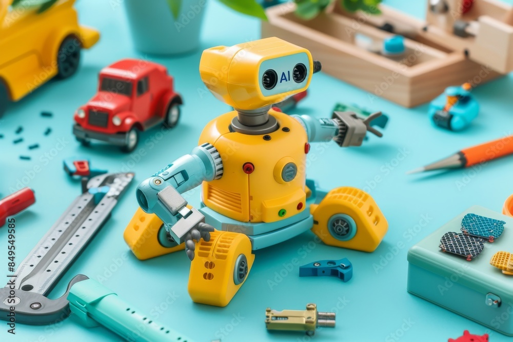 Obraz premium Interactive AI technology workshop with vibrant robot designs, showcasing the playful side of robotics education and innovation.