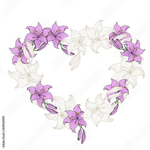 Lillie line art and watercolor flower heart wreath for wedding card or invitations. Hand drawn vector illustration template.