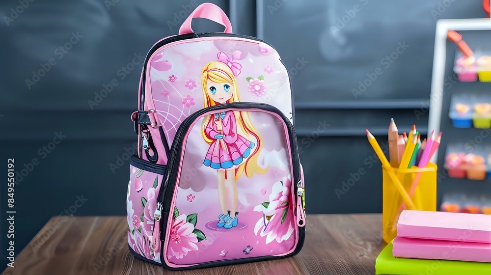 an elegant view of school bag having a pink dressed beautiful doll printing on it an elegant view of school bag having a pink dressed beautiful doll printing on it