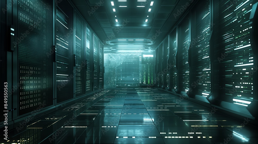 Futuristic data center with illuminated server racks and high-tech equipment