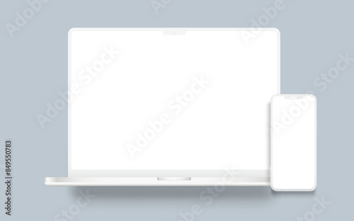 Laptop with phone clay mockup