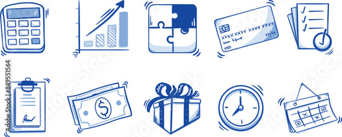 Collection of financial illustrations and icons. Calculator, credit card, dollars, graph, clock, puzzle, calendar, agreement, task list, gift box. Doodle style, hand drawn. Blue color. Vector format.