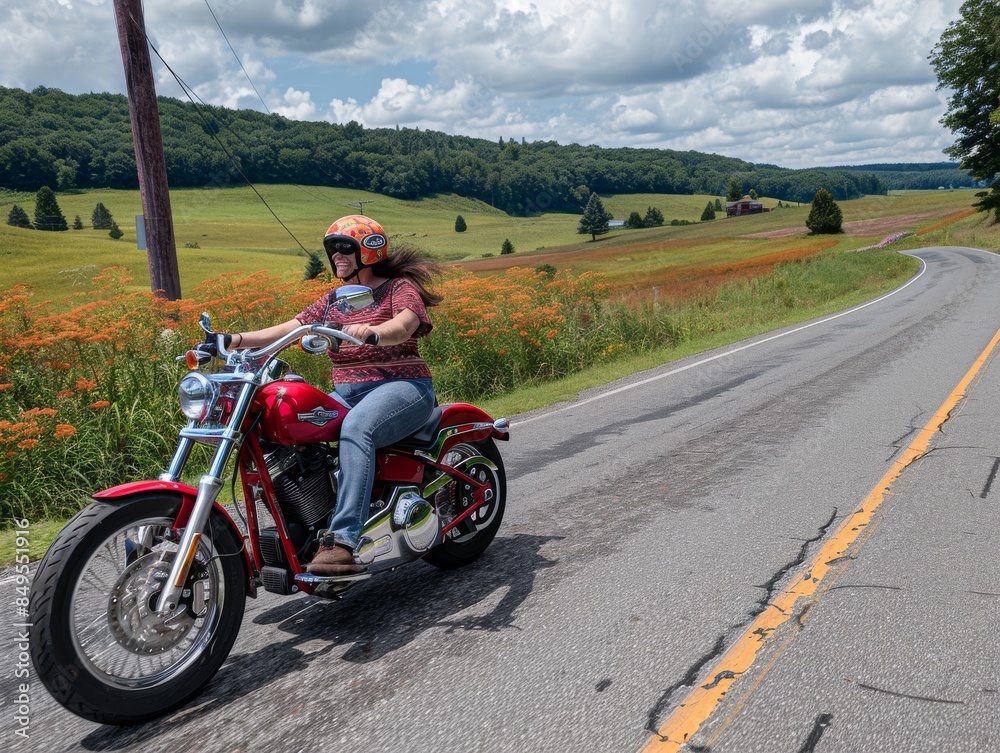 A biker rides a motorcycle on a road in nature A biker rides a motorcycle on a road in nature