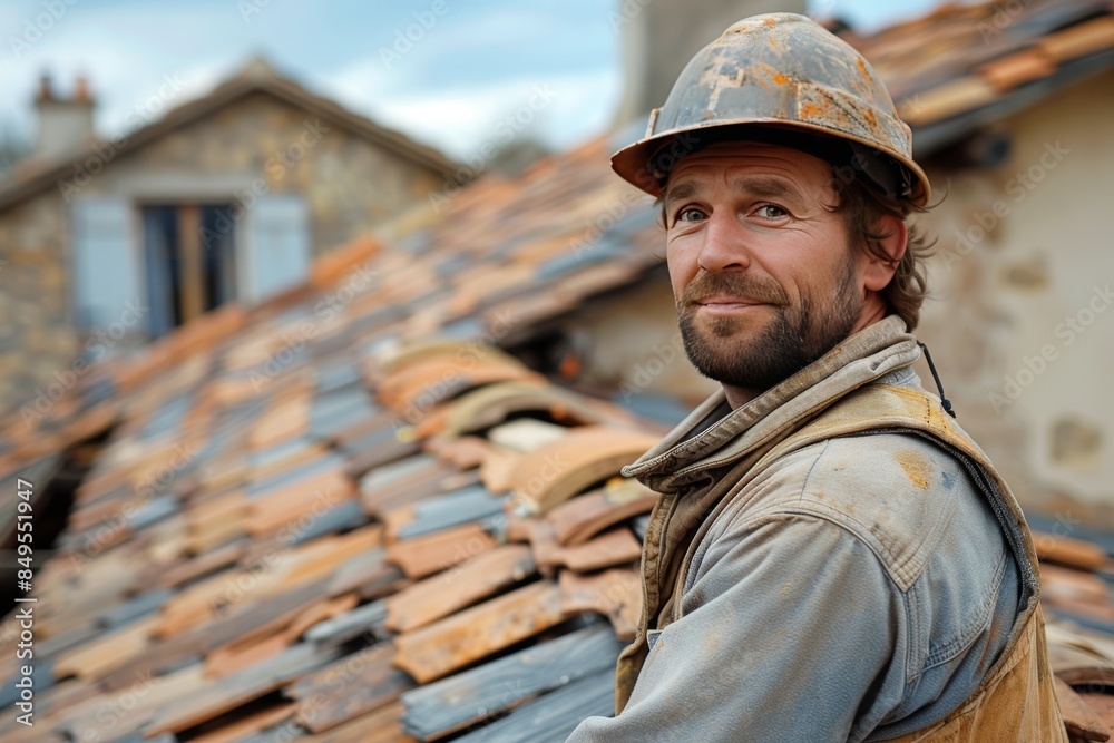 Construction Worker on a Roof in a European Village Construction Worker on a Roof in a European Village