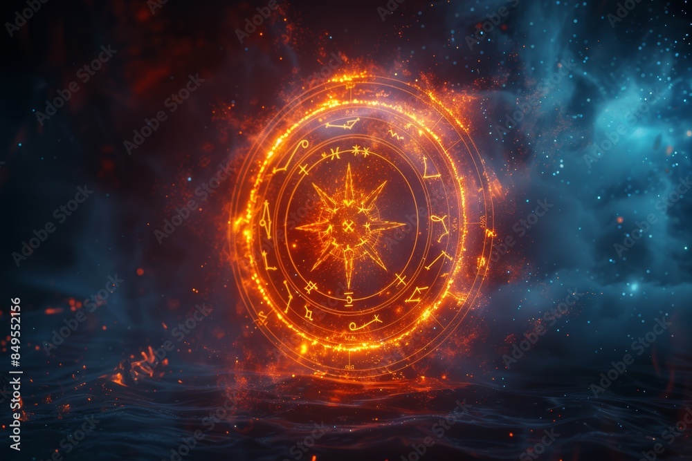 Obraz premium Flaming Zodiac Circle Glowing in Night Sky