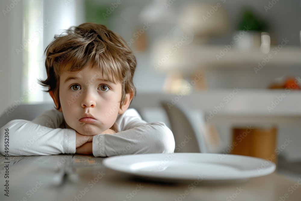Young Boy Sitting At Table With Empty Plate