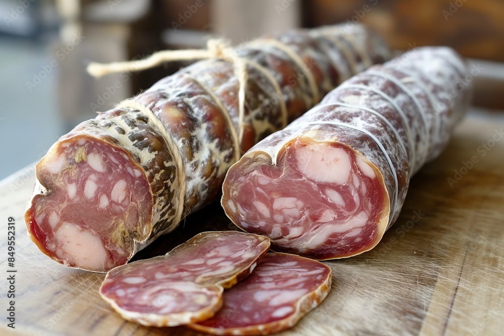 A wooden board presenting sliced salami with chunks, tied with string, focusing on the texture A wooden board presenting sliced salami with chunks, tied with string, focusing on the texture