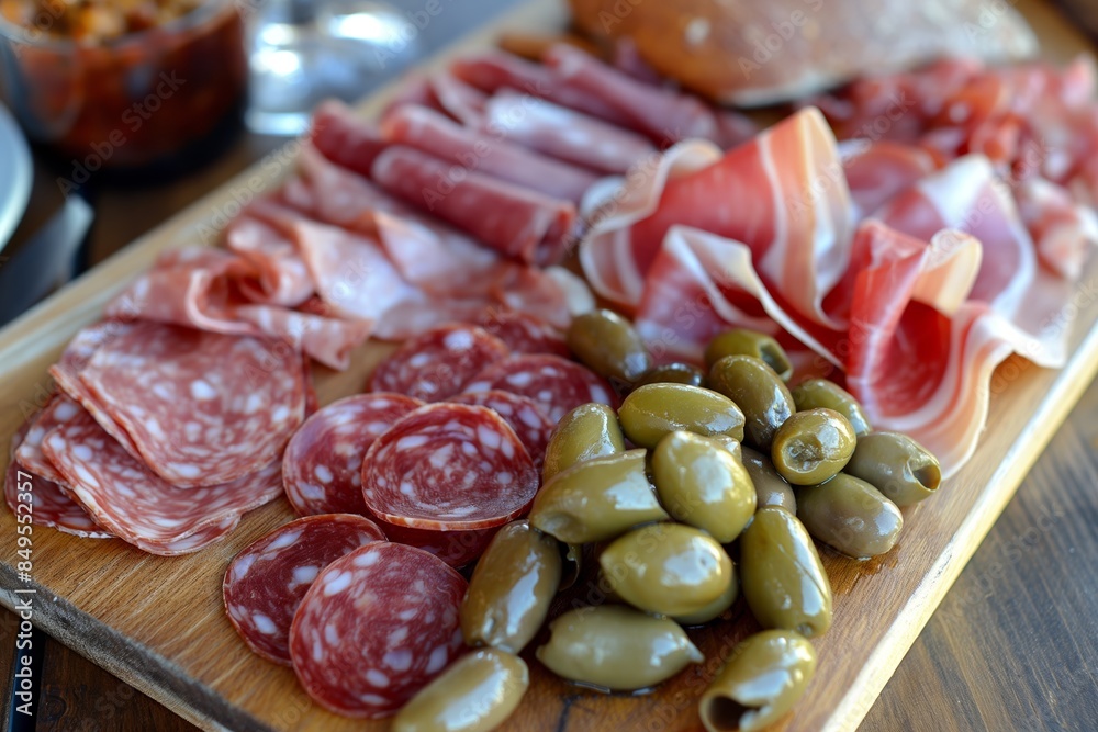A delicatessen board featuring a selection of meats with olives and a focus on texture A delicatessen board featuring a selection of meats with olives and a focus on texture